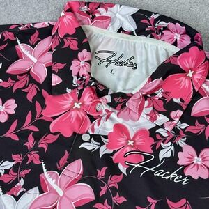 Hacker Men's Size Large Button Up Hawaiian All over Floral Polo Shirt Resort